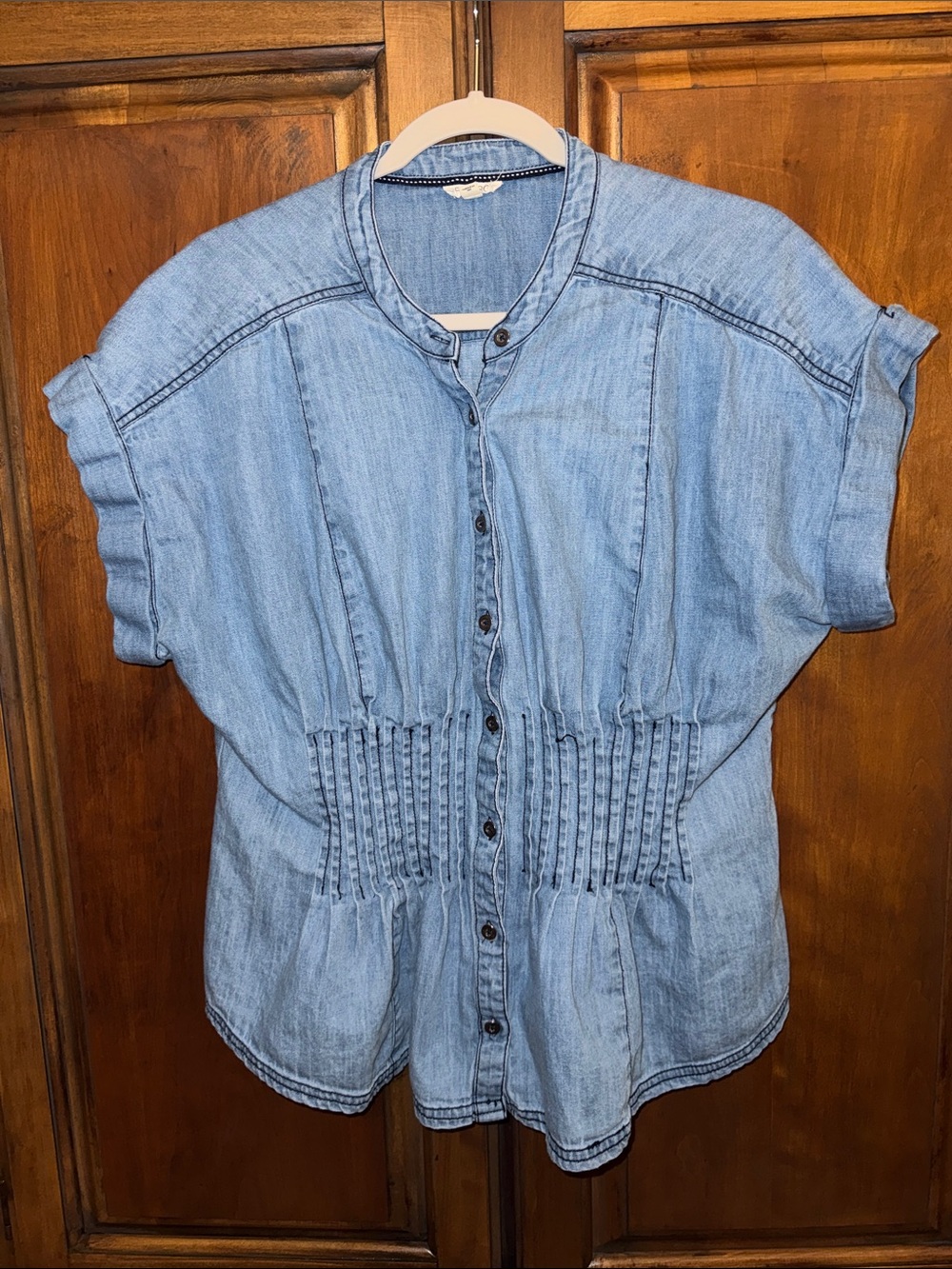 Anthropologie Pilcro Short Sleeve Pleated Denim Corset Blouse size XL. - Picture 2 of 12